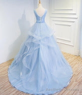 Blue Prom Dresses V-neck Ball Gown Sweep Train Party Dress, Sweet 16 Gown